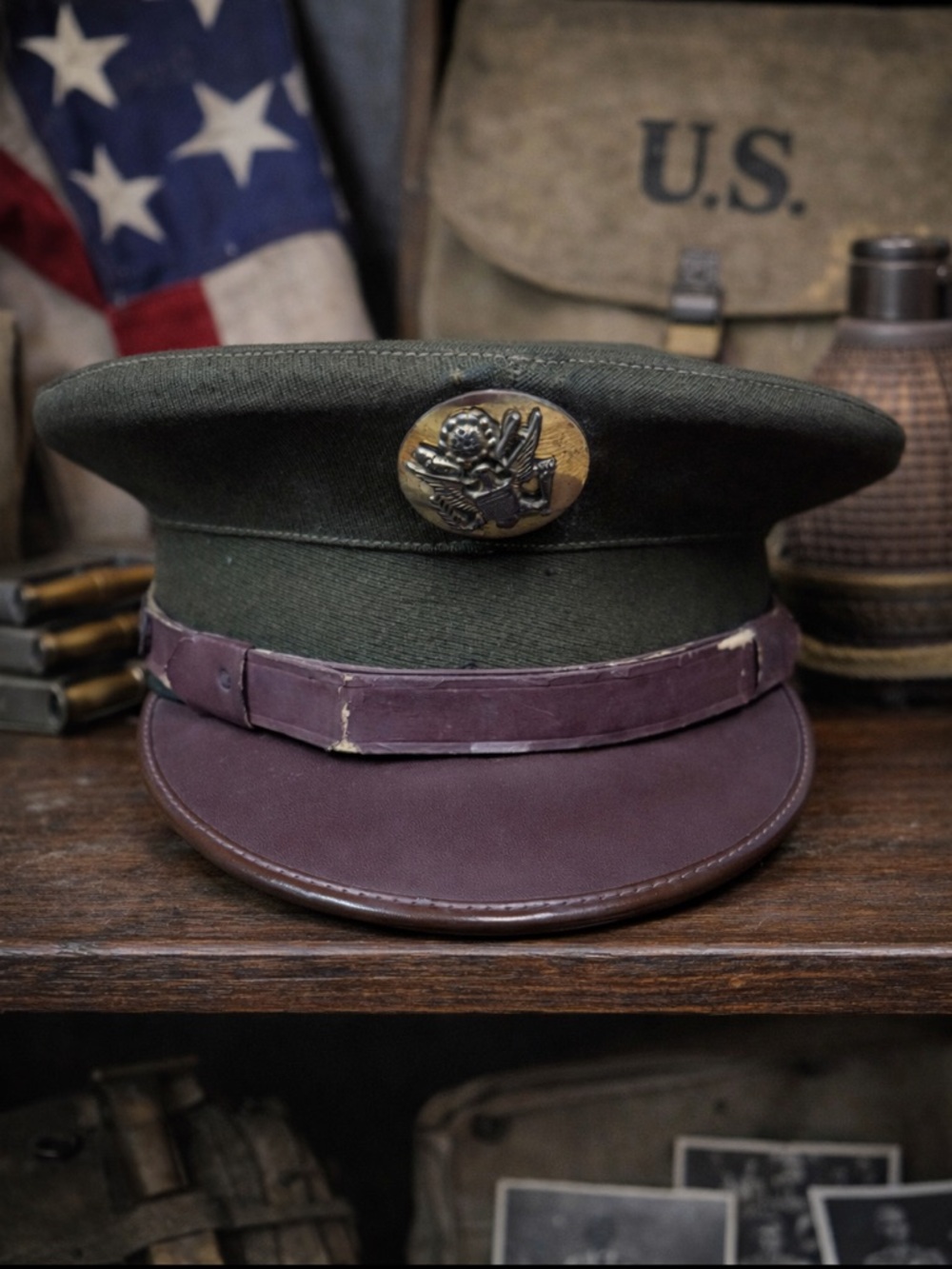 Vintage WWII US Army Visor Cap Crusher Style Wool Hat Size 7 1/8
